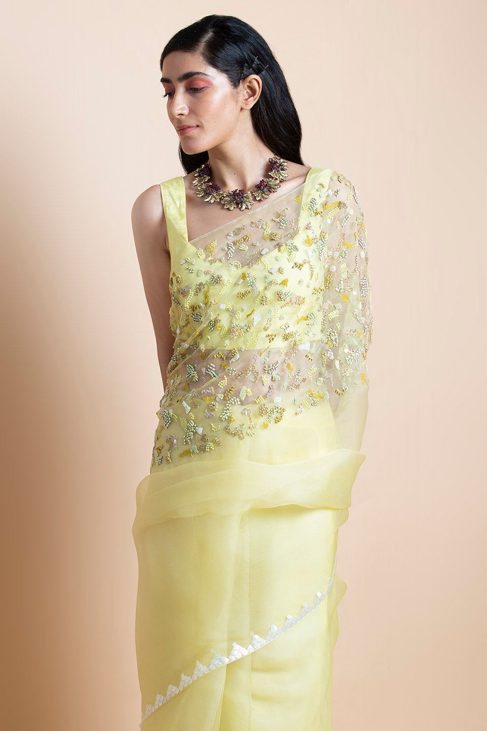 Lime Yellow Embroidered Silk Organza Saree
