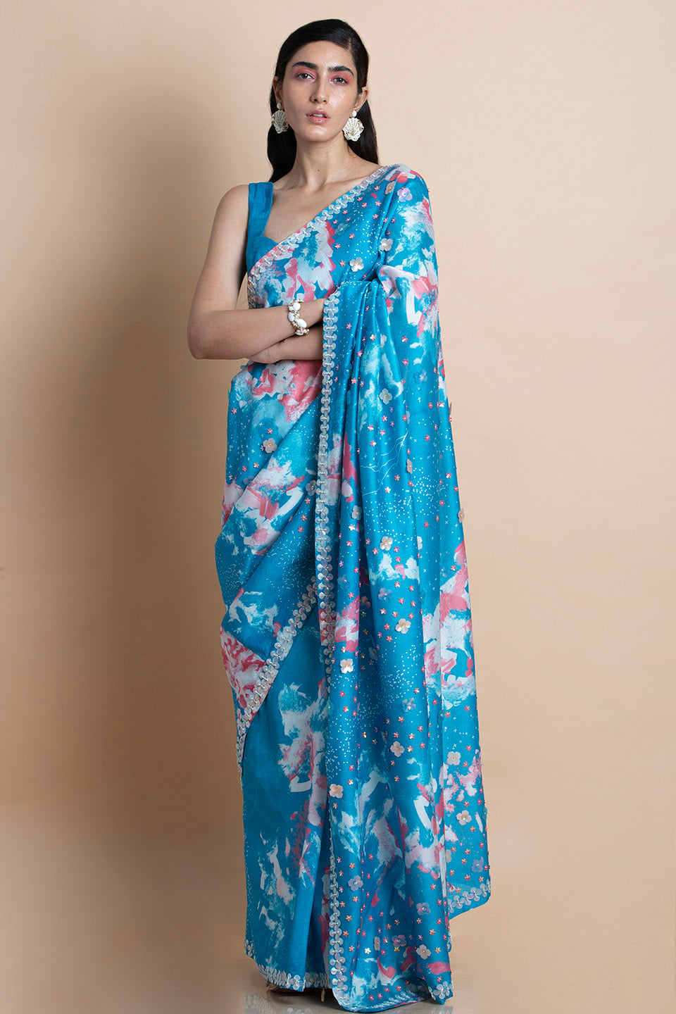 Blue Printed & Embroidered Saree