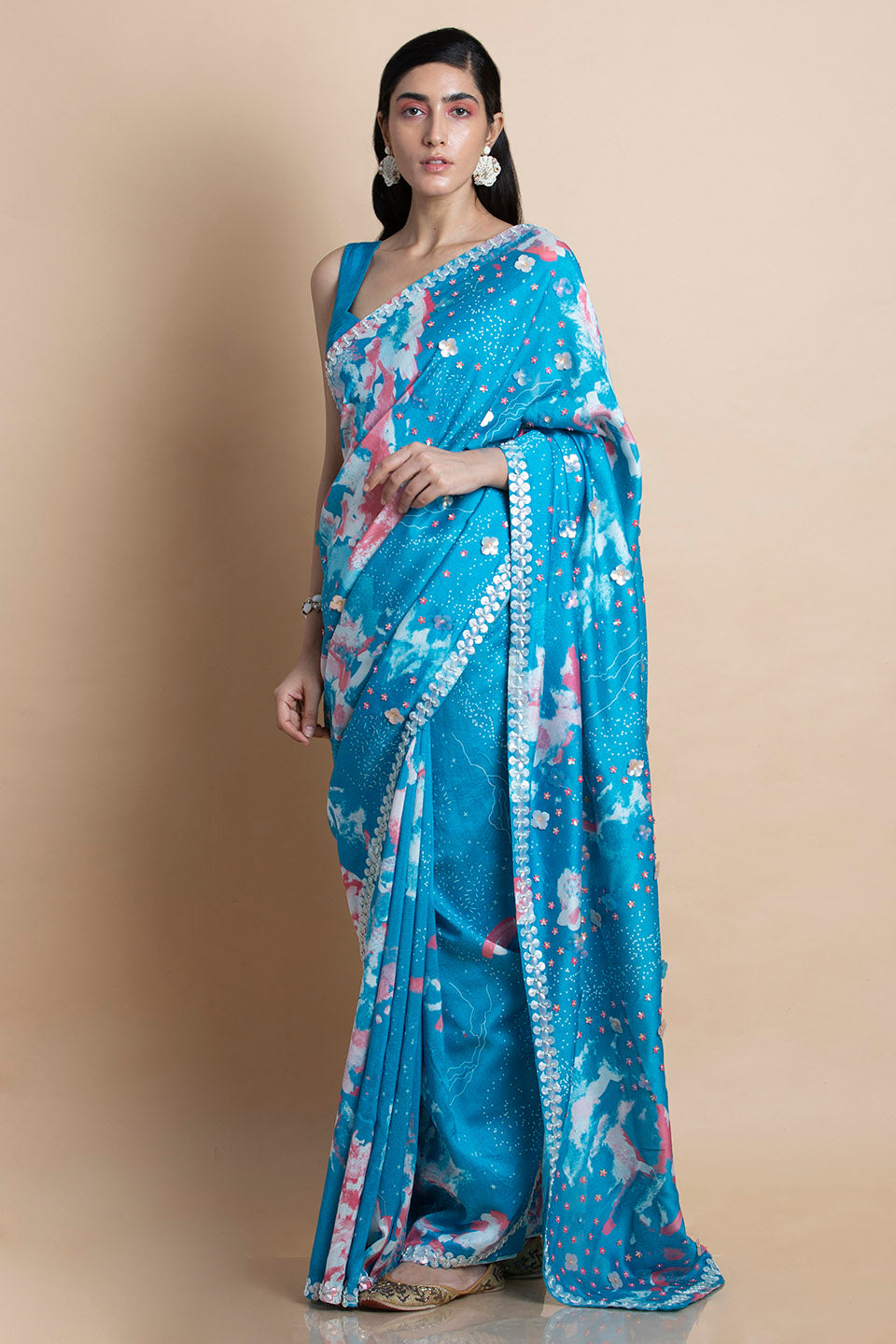 Blue Printed & Embroidered Saree