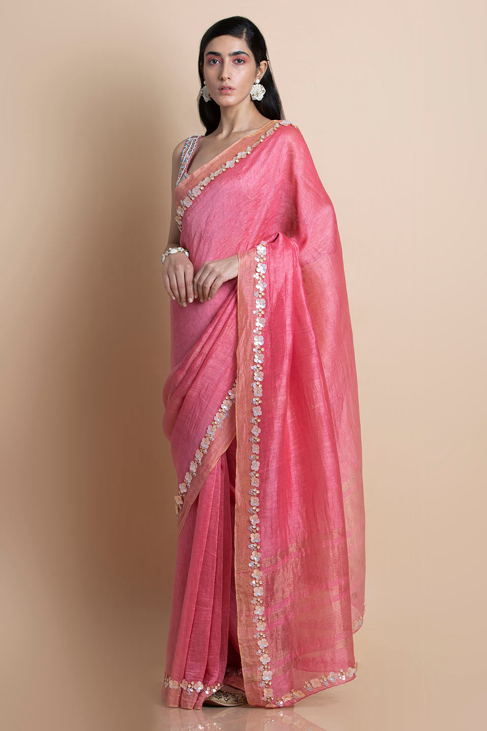 Pink Embroidered Linen Silk Saree