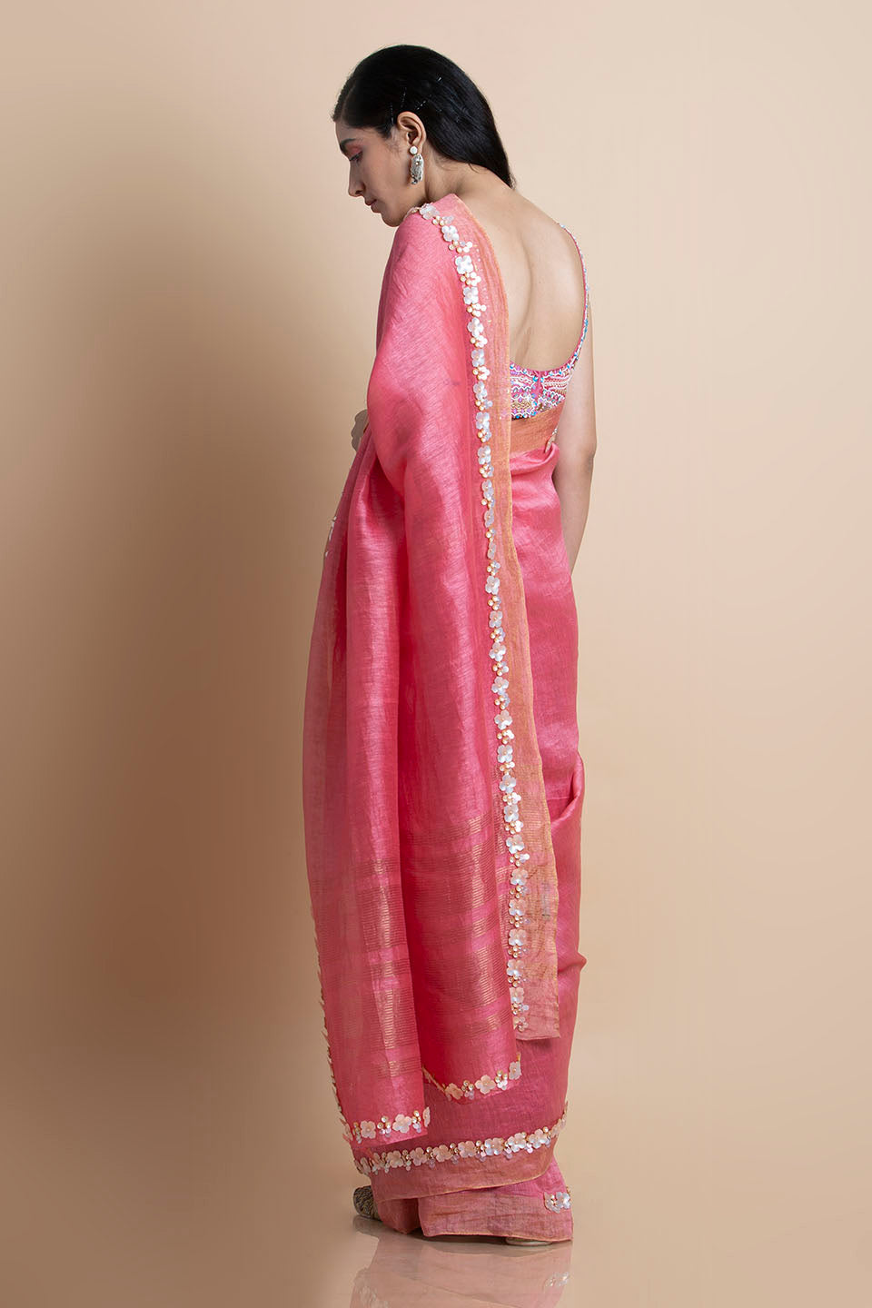 Pink Embroidered Linen Silk Saree