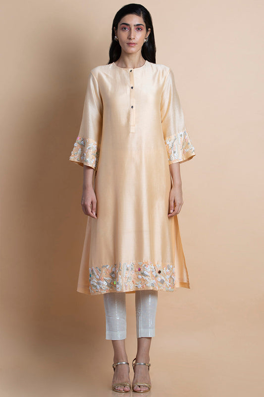 Peach Embroidered Tunic SET In Chanderi