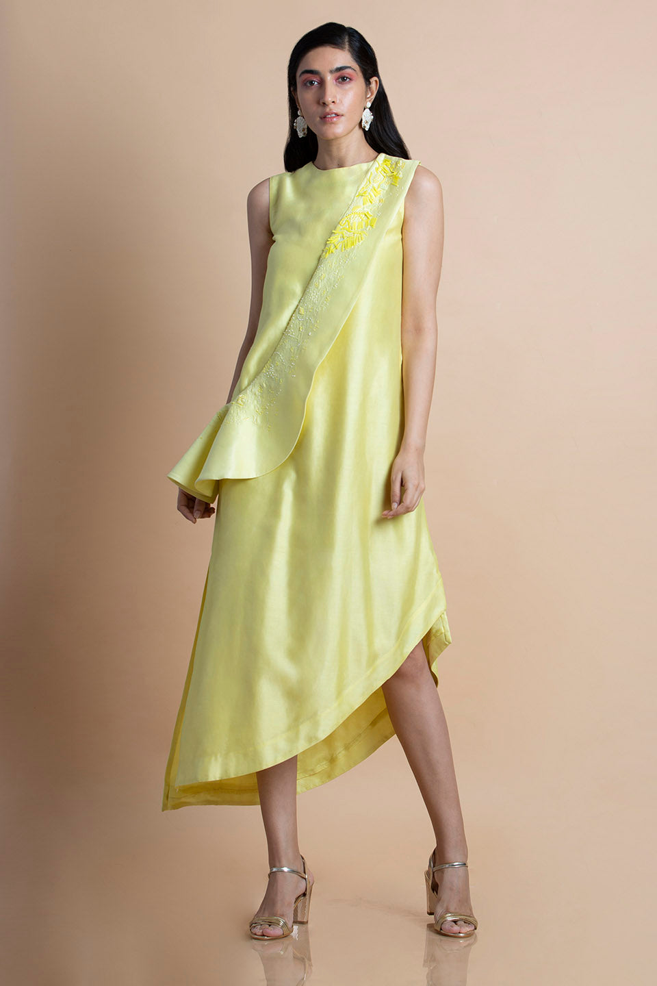 Yellow Asymmetric Dress In Chanderi Cotton Silk