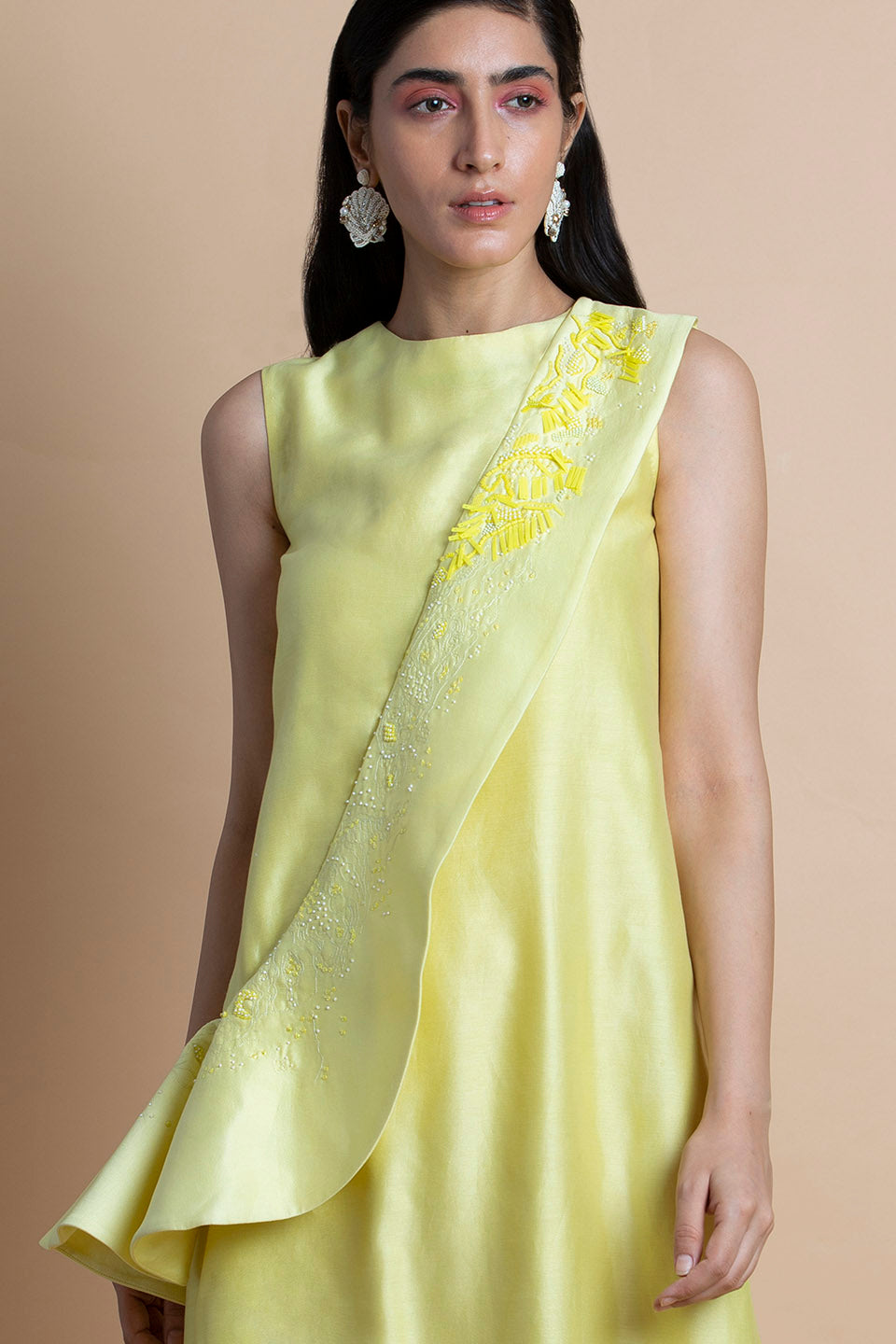 Yellow Asymmetric Dress In Chanderi Cotton Silk