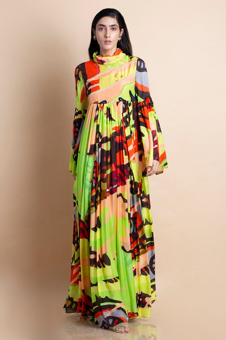 Printed And Embroidered Dress In Cotton Silk