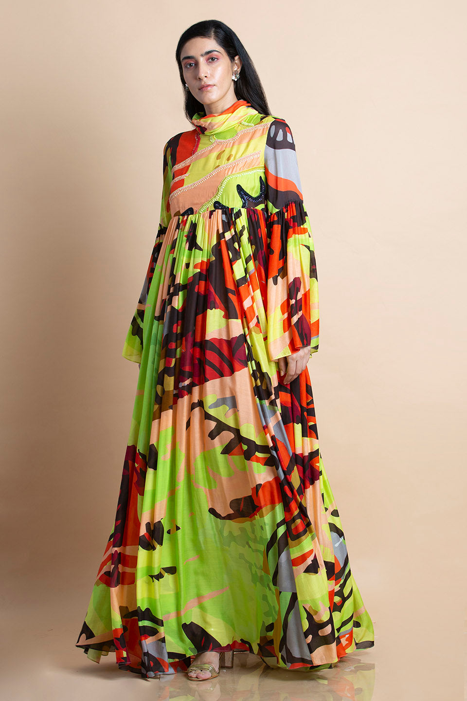 Printed And Embroidered Dress In Cotton Silk