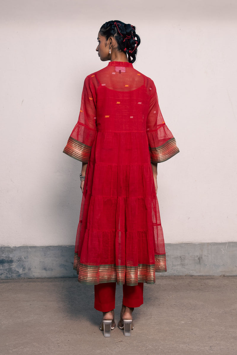 LIMITED EDITION RED KURTA SET IN PURE HANDWOVEN BENGALI COTTON (TAANT)