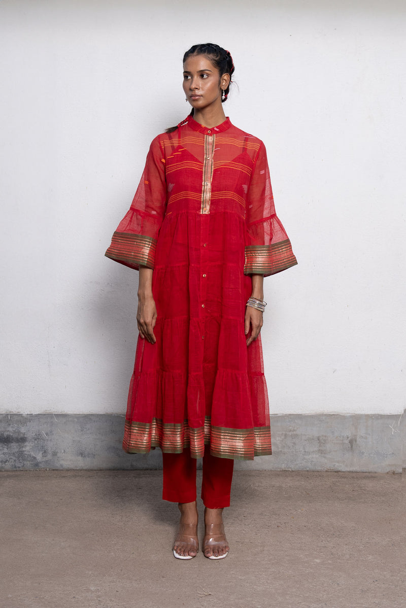 LIMITED EDITION RED KURTA SET IN PURE HANDWOVEN BENGALI COTTON (TAANT)