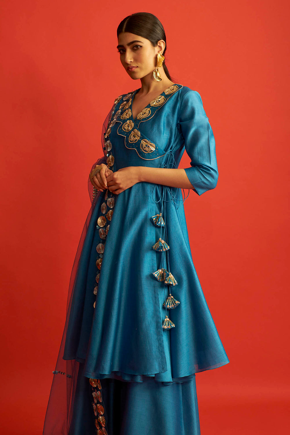 Blue Embroidered Angrakha Kurta Set