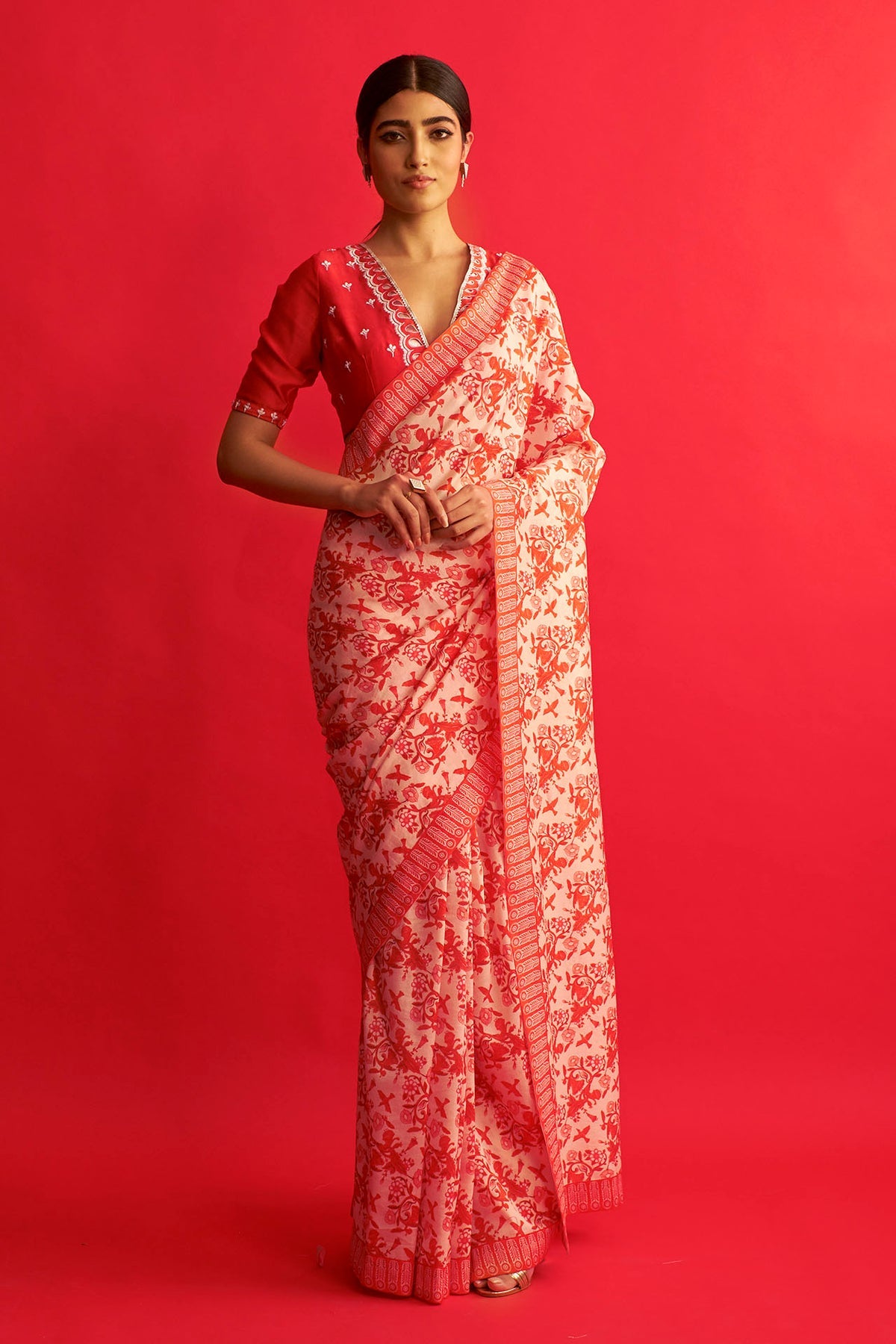 Red/Ivory Printed Chanderi Saree