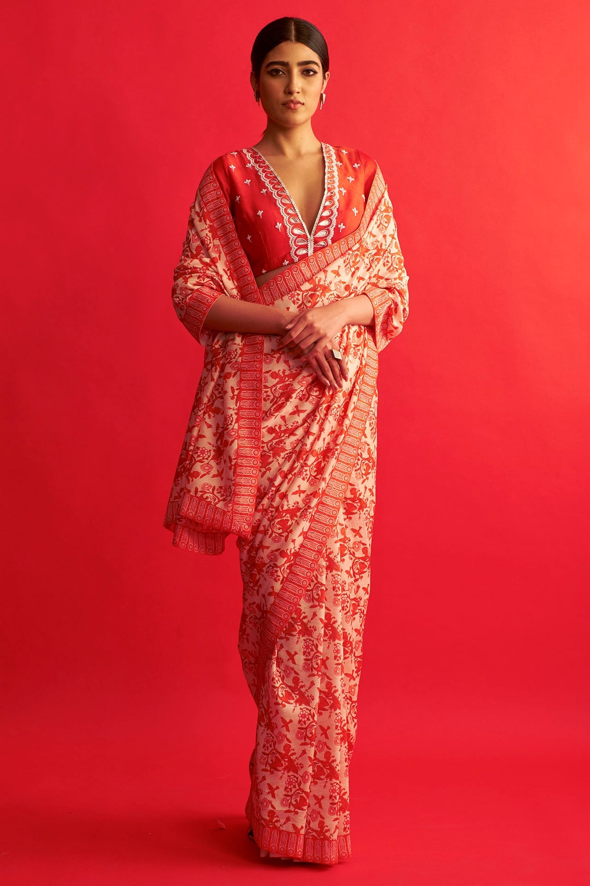 Red/Ivory Printed Chanderi Saree
