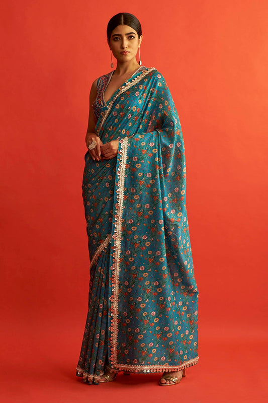 Blue Printed and Embroidered Chanderi Saree