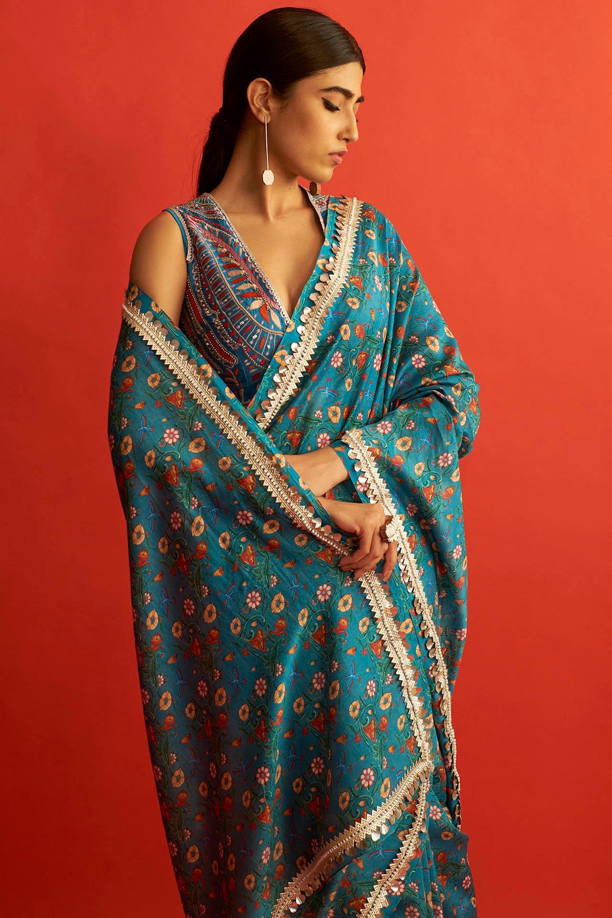 Blue Printed and Embroidered Chanderi Saree