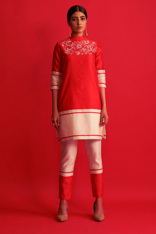 Red/Ivory embroidered Kurta Set